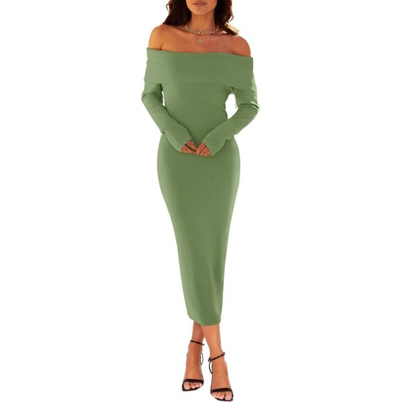 Merokeety Women's Green Off Shoulder Long Sleeve Elegant Bodycon Midi Dress - Picture 3 of 9